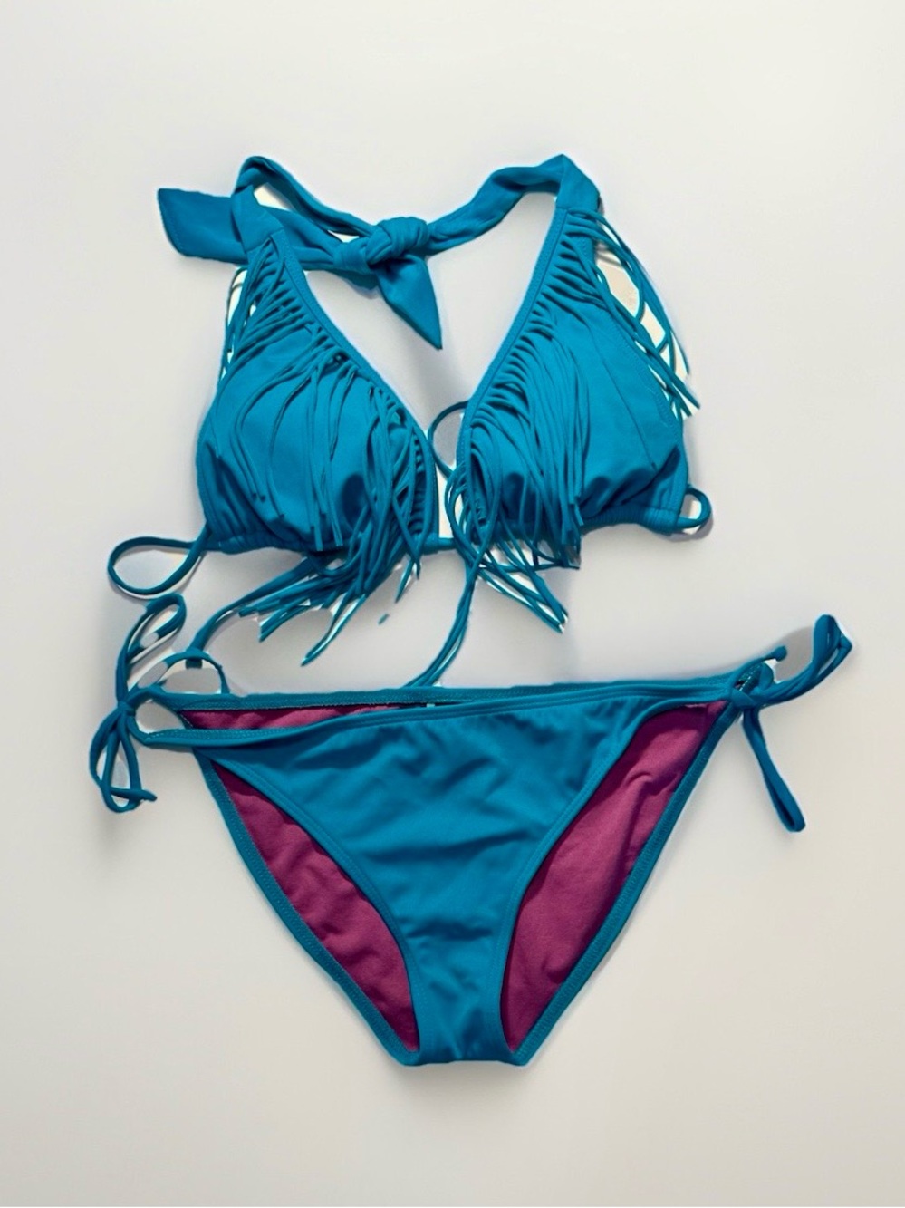 Guess Teal Fringe Tie Bikini with Magenta Lining